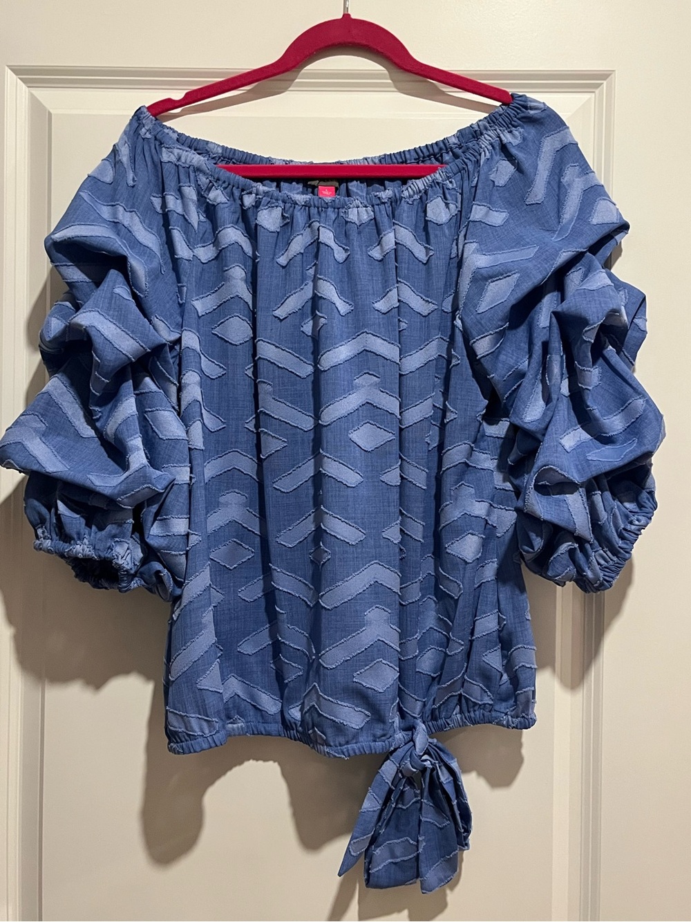 Vince Camuto Textured Blue Off-Shoulder Puff-Sleeve Tie-Hem Blouse